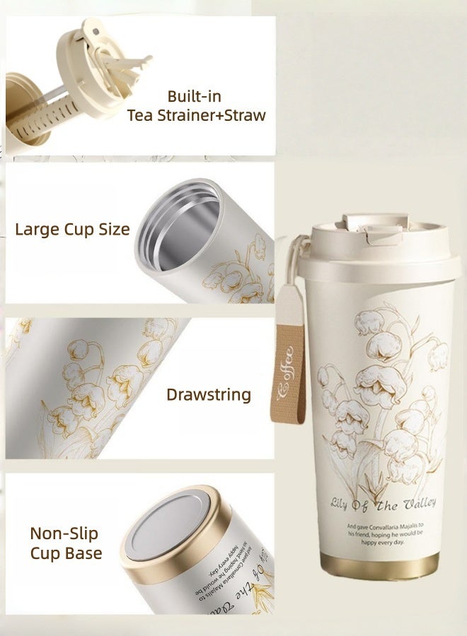 CoolRabbie Travel Coffee Mug,Large Capacity Tumbler with Lid and Straw Stainless steel Coffee Thermo,Double Wall Vacuum Insulated Travel Coffee Mug (White(Lily of the valley) - Image 5