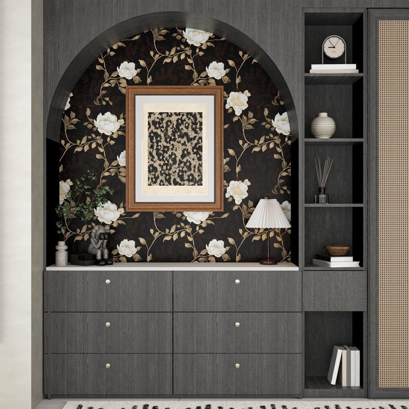 Laatse Black Golden Floral Peel and Stick Wallpaper Flowers Contact Paper 175x118 Self Adhesive Waterproof Vintage Dark Floral Wall Paper for Shelf Liner Cabinet Decor - Image 3