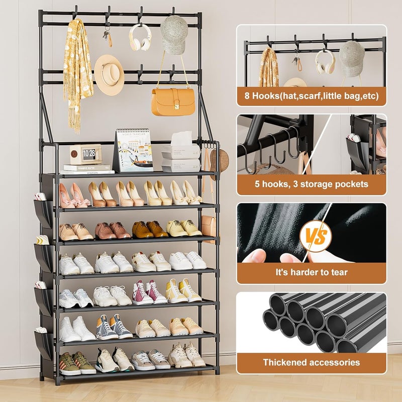 OYREL Shoe Rack 7 Tier Shoe Racks Organizer 28-35 Pairs Shoes Rack for Closet Entrance Shoe Storage Organizer with Hooks and Side Pocket Entryway Shoe Holder Space Saving Free Standing Shoe Racks - Image 5