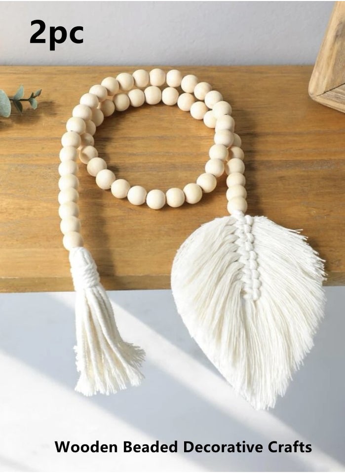 Kutis 2-Piece Bohemian Beads Wall Hanging Decoration Leaf Shaped Tassel Wooden Beaded Decorative Crafts Off-White 93 cm  - Image 1