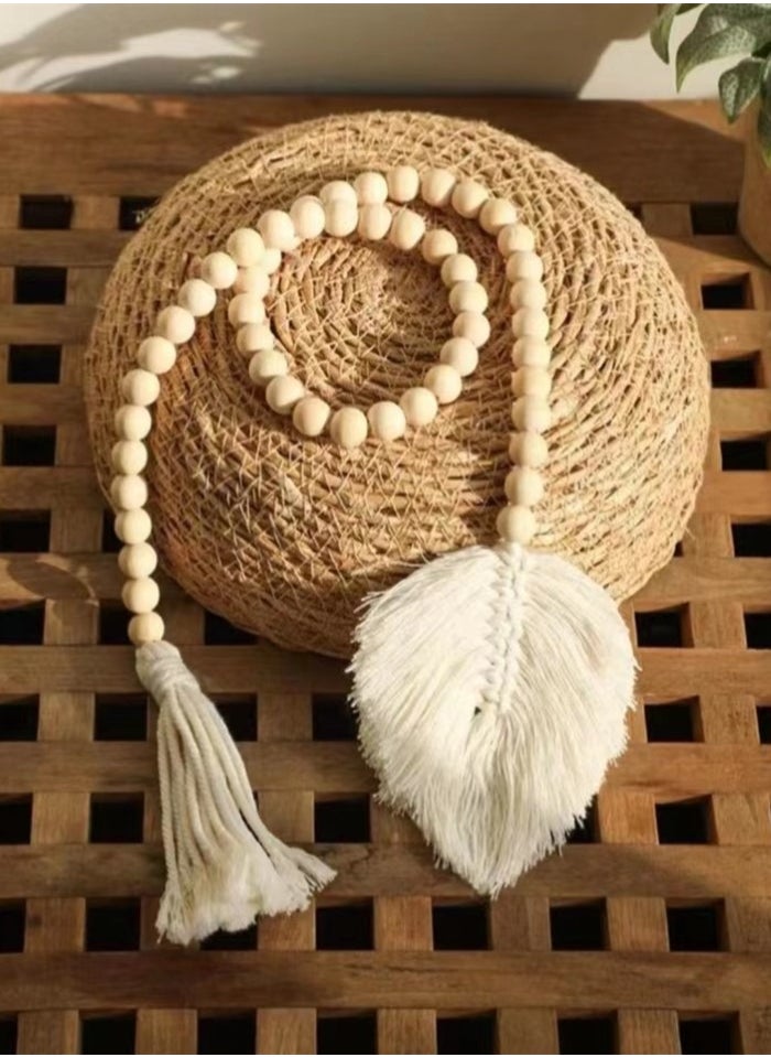 Kutis 2-Piece Bohemian Beads Wall Hanging Decoration Leaf Shaped Tassel Wooden Beaded Decorative Crafts Off-White 93 cm  - Image 2