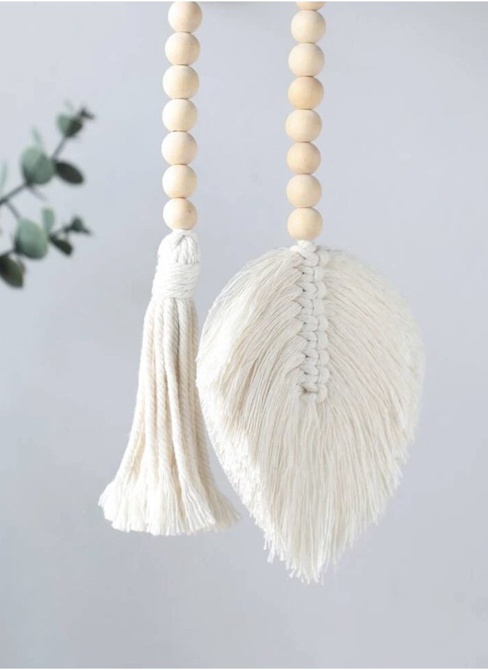 Kutis 2-Piece Bohemian Beads Wall Hanging Decoration Leaf Shaped Tassel Wooden Beaded Decorative Crafts Off-White 93 cm  - Image 4
