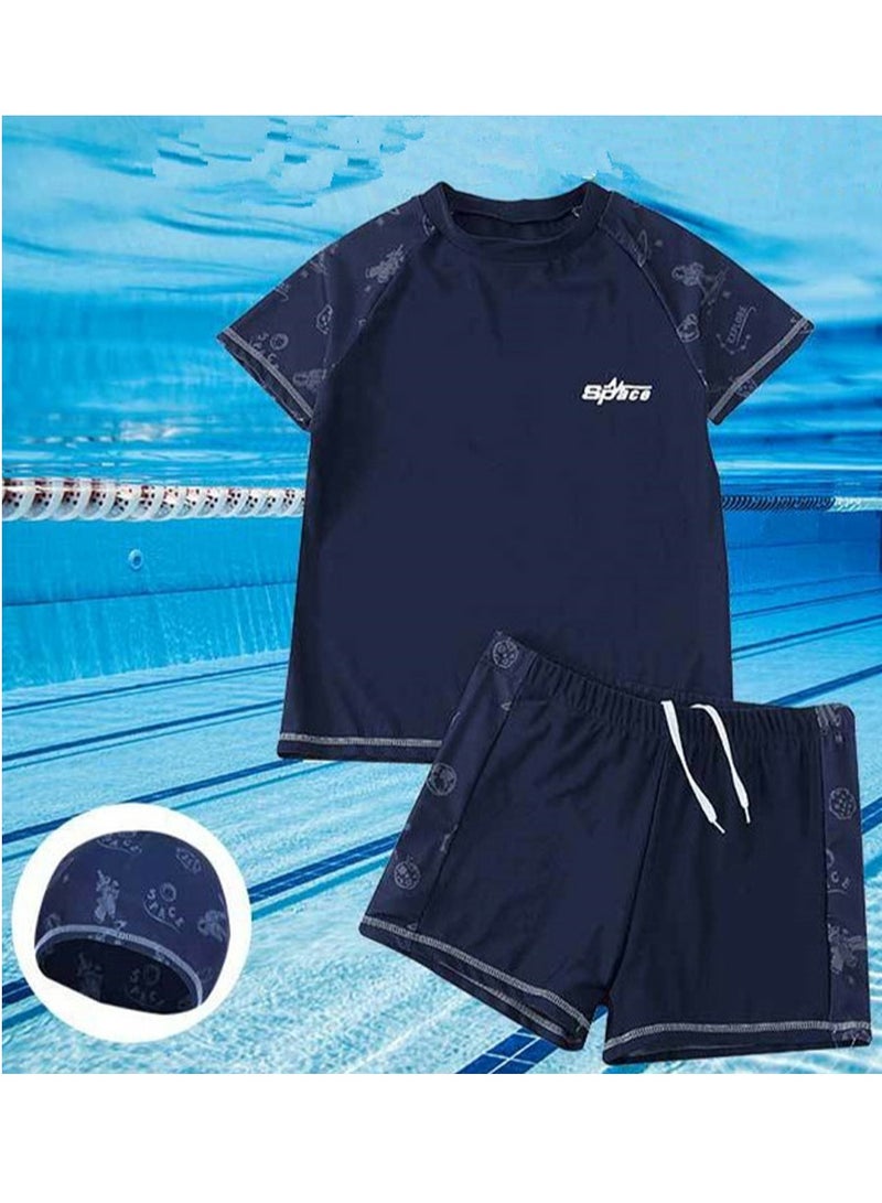 Loquat Boys Split Swimsuits Set Short Sleeve Swim Shirts With Trunks And Swim Cap Quick Dry Swim Set - Image 1
