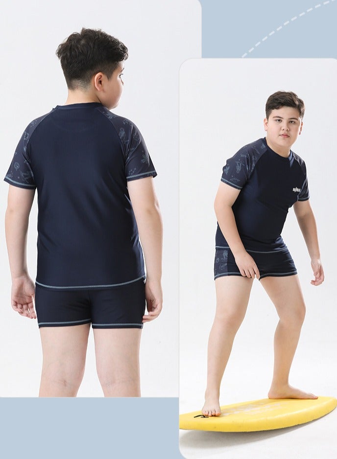 Loquat Boys Split Swimsuits Set Short Sleeve Swim Shirts With Trunks And Swim Cap Quick Dry Swim Set - Image 2