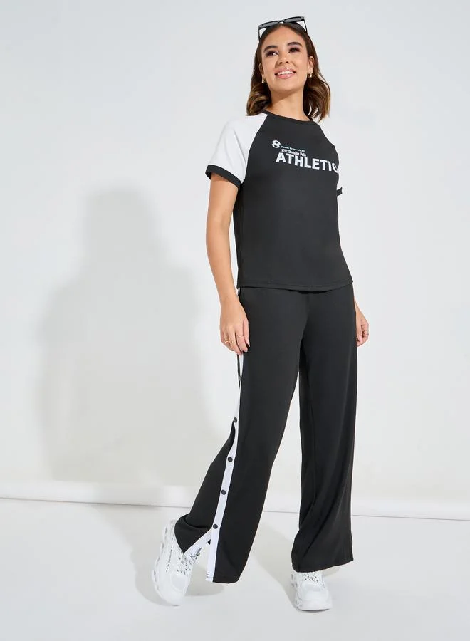 Styli Color Block Slogan Print T-Shirt & Side Popper Button Joggers Co-Ords