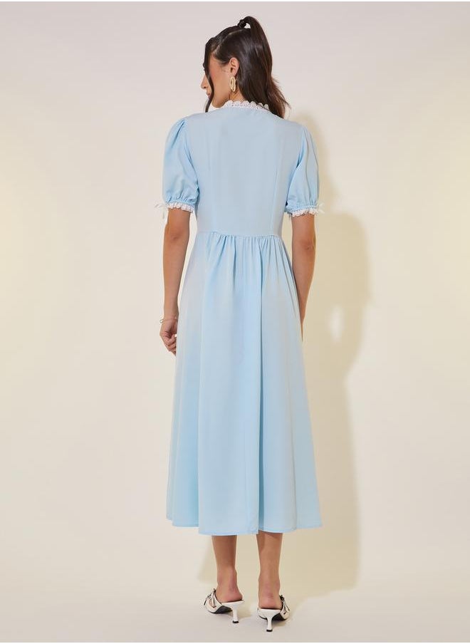 Take Two Solid V-Neck Lace Detail Button Up Midi Dress  - Image 5