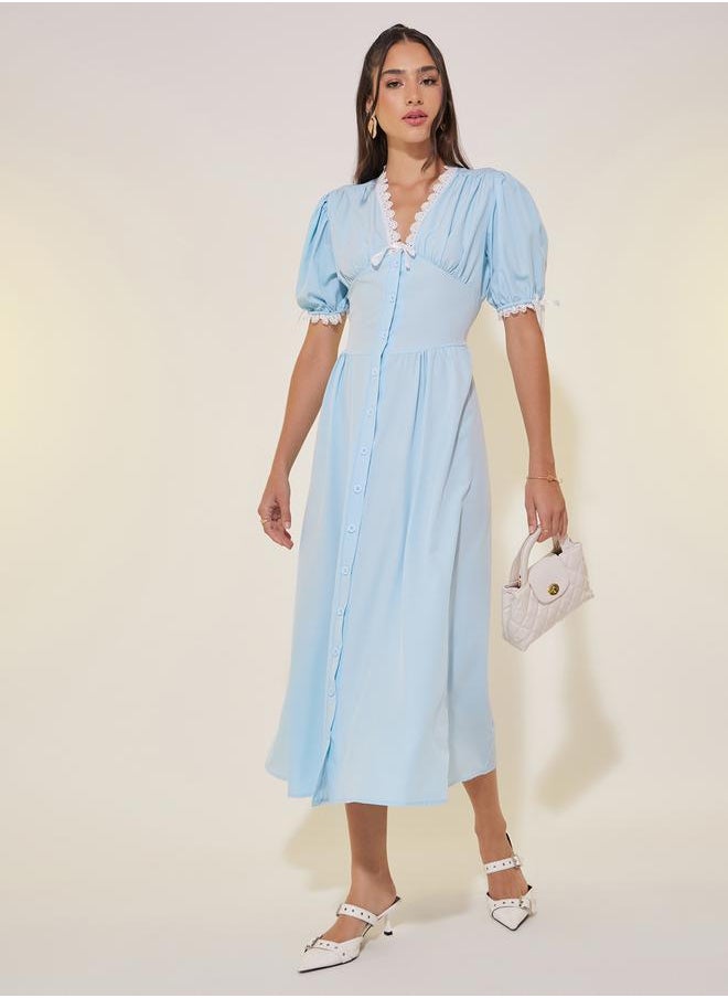 Take Two Solid V-Neck Lace Detail Button Up Midi Dress  - Image 1