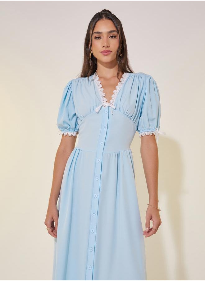 Take Two Solid V-Neck Lace Detail Button Up Midi Dress  - Image 3