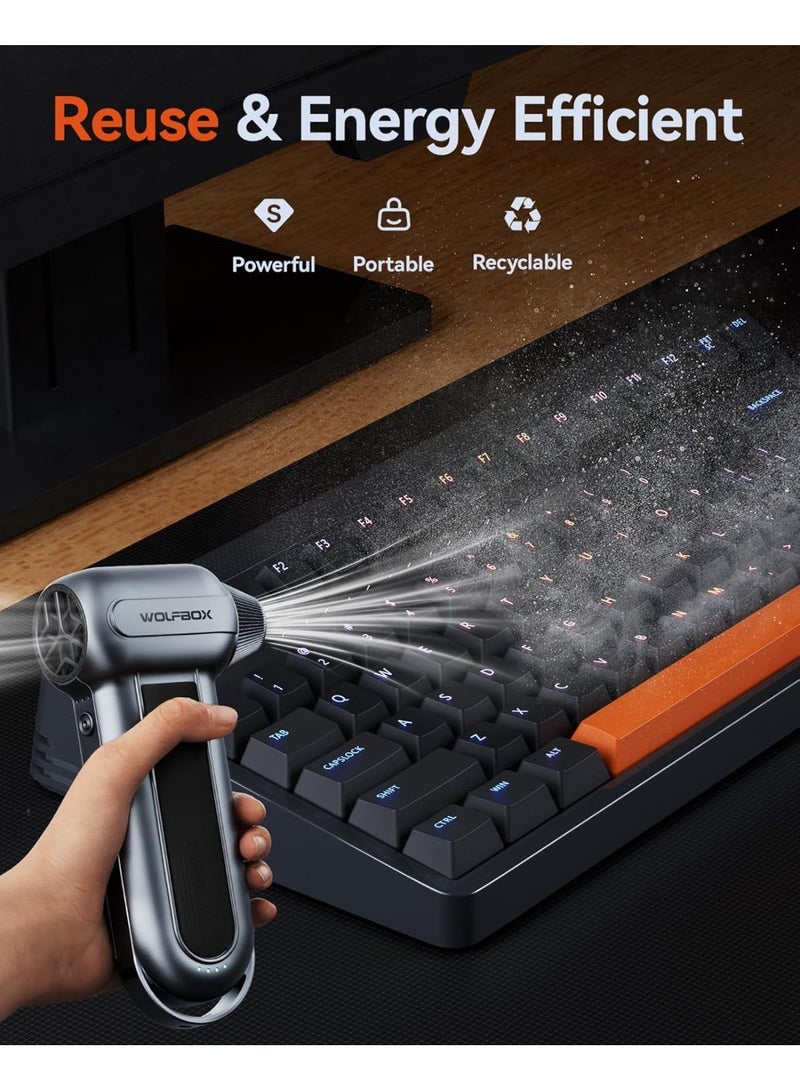 وولف بوكس منفاخ الهواء الكهربائي WALFBOX MegaFlow100 بقوة فائقة تصل إلى 150000 دورة في الدقيقة، قابل للتعديل بثلاث سرعات، لاسلكي، مزود بمحرك بدون فرش قابل لإعادة الشحن، مناسب لأجهزة الكمبيوتر، ولوحات المفاتيح، والمنازل، والسيارات، والأماكن الخارجية. - Image 3