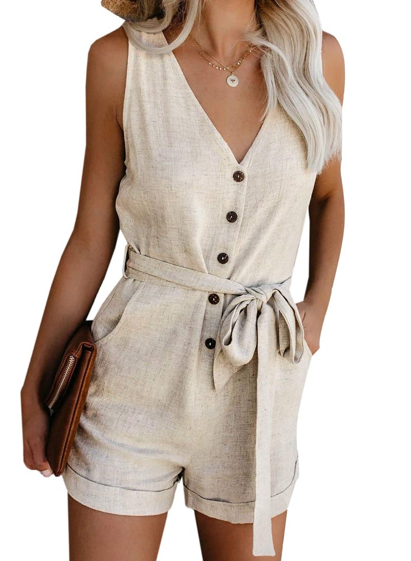 Acelitt Women's Casual V Neck Sleeveless Button Down Tie Waist Summer Short Jumpsuit Rompers Playsuit Short Pants with Pockets Beige Medium - Image 1