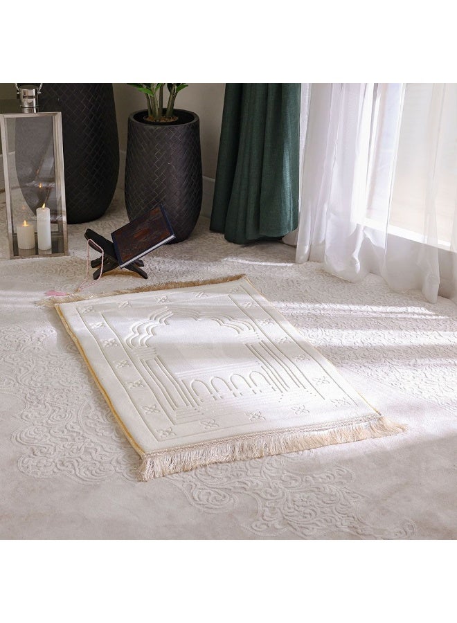 DANUBE HOME Janamaz Flannel Memory Foam Prayer Mat – Extra Soft Islamic Muslim Prayer Rug With Thick Comfort Padding – Anti-Slip, Foldable, Travel-Friendly, Gift Option - Beige - 80X120 Cm  - Image 4