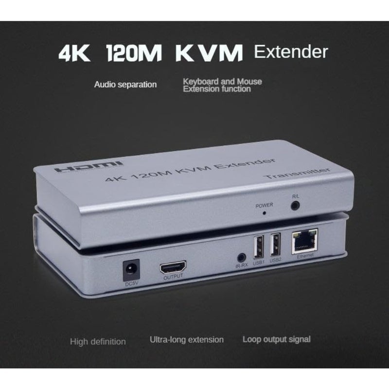 موسع KVM للاستخدام المكتبي، هيكل معدني، أسود، نقل HDMI 4K 120m عبر Cat5e/Cat6 مع دعم لوحة مفاتيح/ماوس USB - Image 2