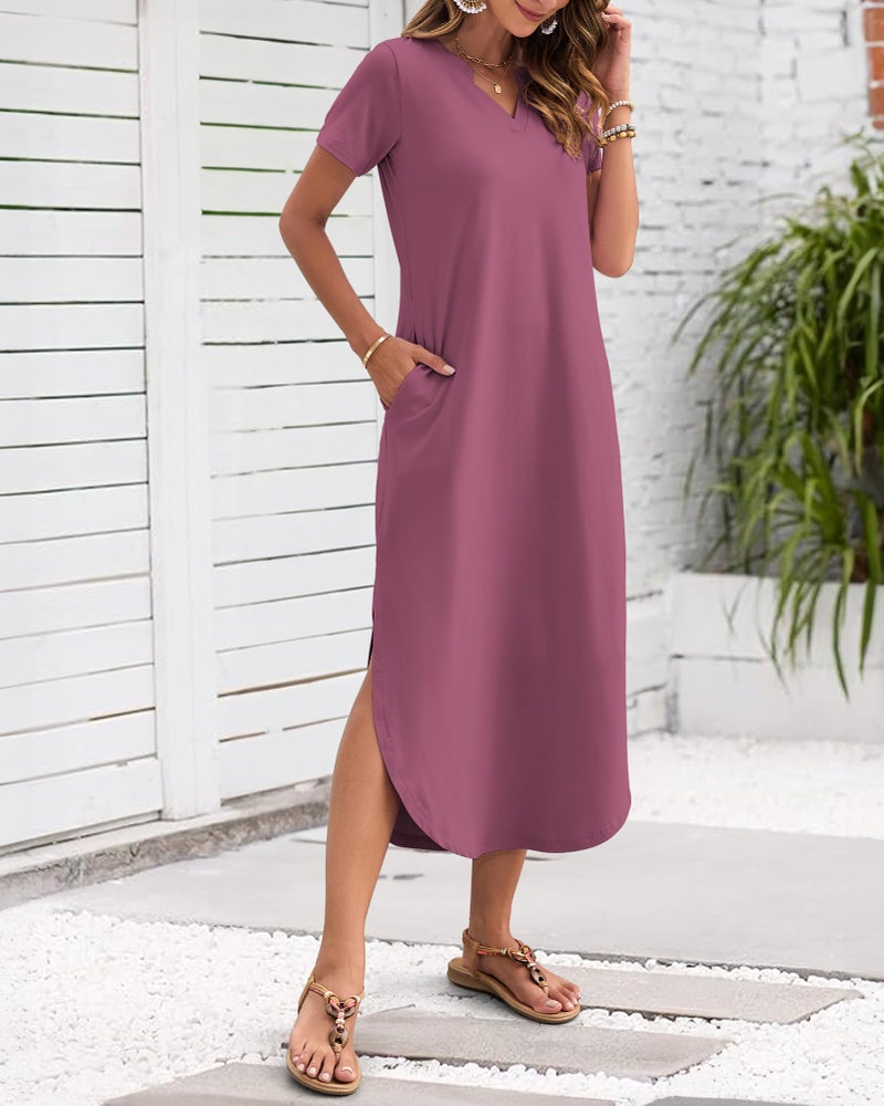 MISFAY Women's Summer Casual Maxi Dress 2026 Short Sleeves V Neck Loose Sundress Split Long Beach T Shirt Dress Vacation Outfits(Mauve,M) - Image 2