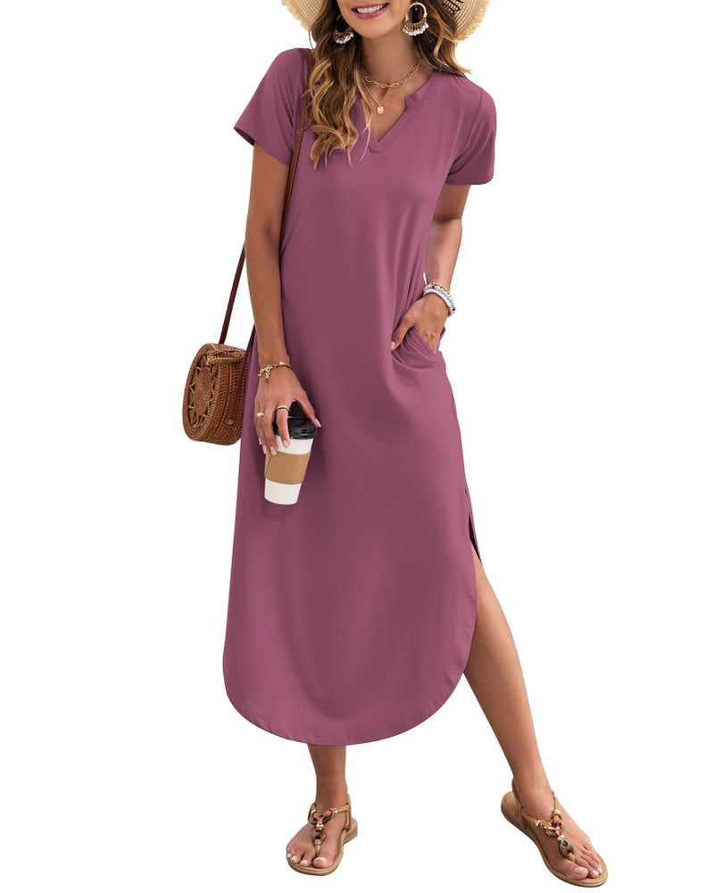 MISFAY Women's Summer Casual Maxi Dress 2026 Short Sleeves V Neck Loose Sundress Split Long Beach T Shirt Dress Vacation Outfits(Mauve,M) - Image 1