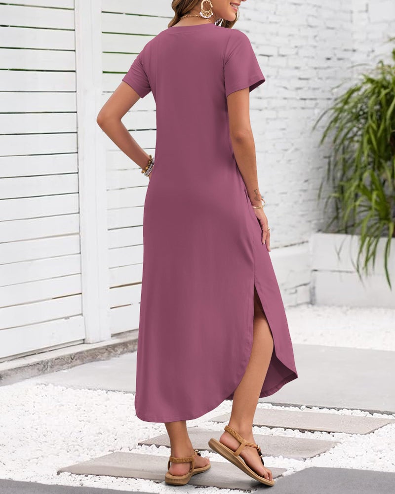 MISFAY Women's Summer Casual Maxi Dress 2026 Short Sleeves V Neck Loose Sundress Split Long Beach T Shirt Dress Vacation Outfits(Mauve,M) - Image 3