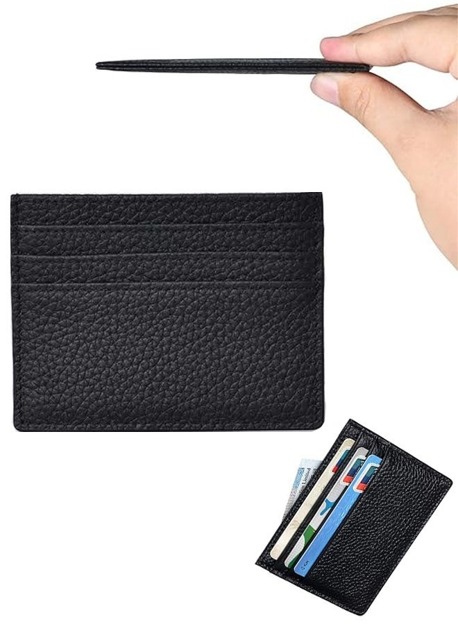 محفظة بطاقات الائتمان، حامل بطاقات فائق النحافة، محفظة من الجلد الطبيعي للرجال والنساء مع 6 فتحات للبطاقات وجيب واحد (أسود) - Image 1