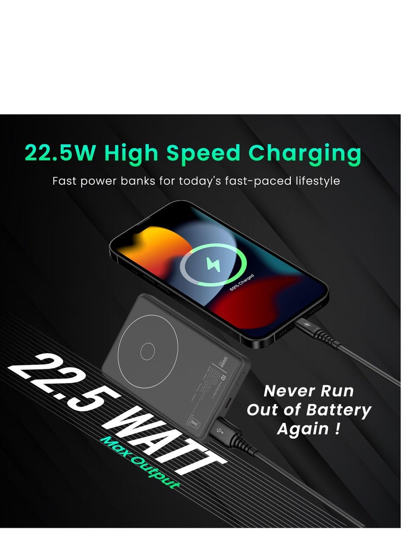 Portronics - Portronics luxcell wireless mini 10000mAh 15W magnetic wireless fast charging smallest power bank with 22.5 wired output compatible with iPhone 12 and above and other QI enabled Devices(Black) - Image 1