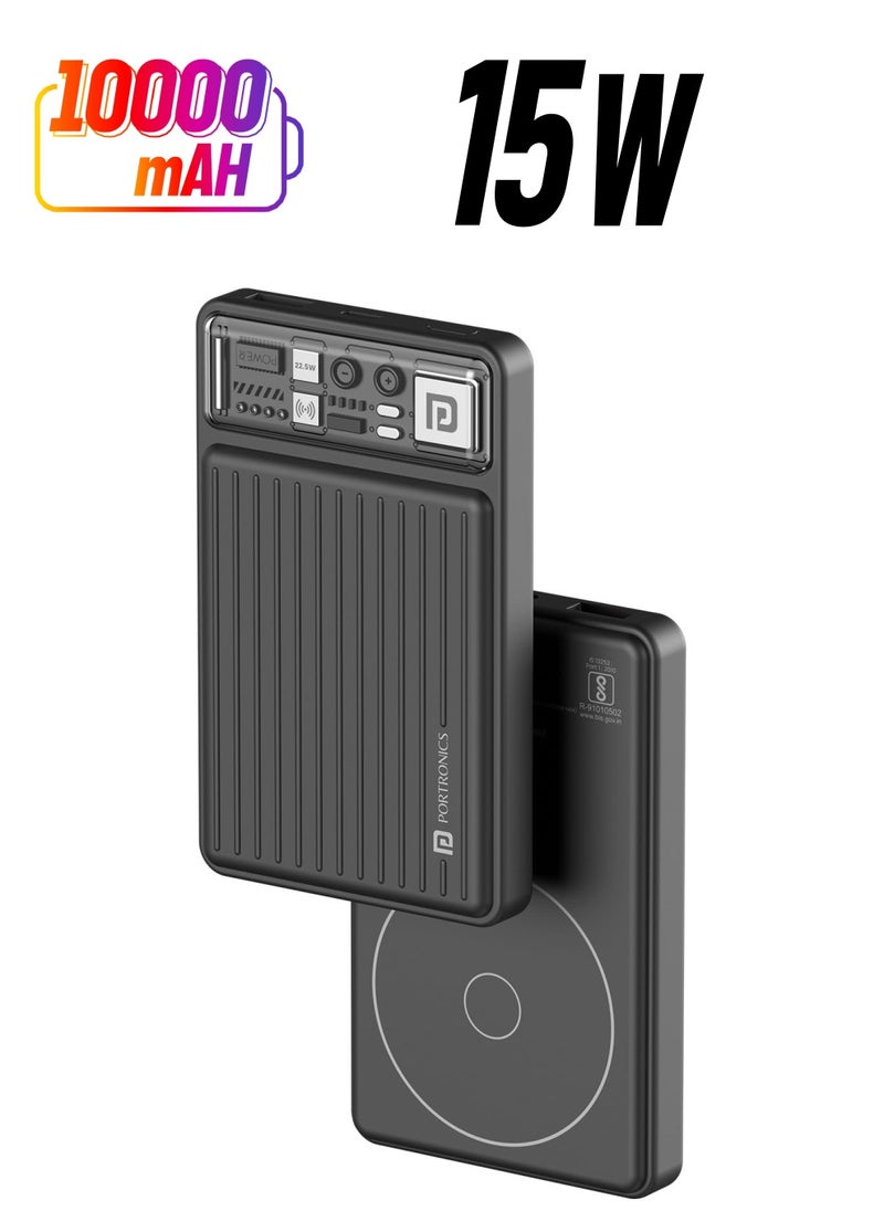Portronics - Portronics luxcell wireless mini 10000mAh 15W magnetic wireless fast charging smallest power bank with 22.5 wired output compatible with iPhone 12 and above and other QI enabled Devices(Black) - Image 1