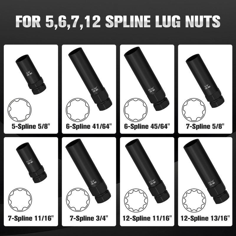 YEKEPRO 8-Piece Spline Lug Nut Removal Tool Kit - Master Key Set for Stripped Frozen Rusted Wheel Locks - Removing 5, 6, 7, 12 Spline & Hex Wheel Locks - Image 2