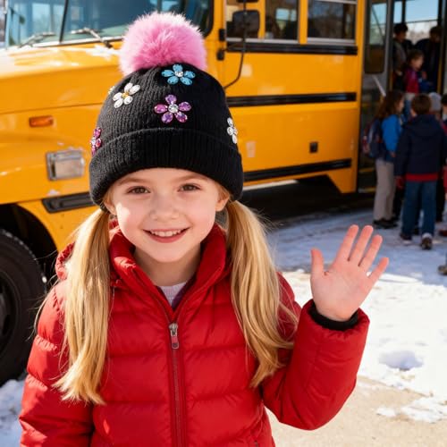PinkSheep Toddler Winter Hat, Cute Girls Warm Beanie with Pom Pom and Fleece Lined Winter Hats,Fashion Kids Knit Beanies Cap - Image 3