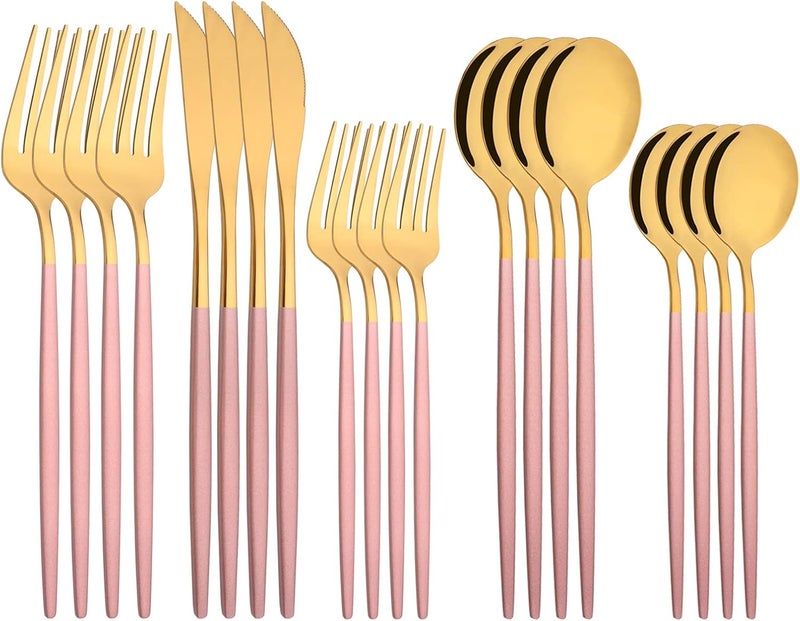 Uniturcky Silverware Set  20 Piece Family Dinnerware Set  Flatware Set Service For 4  Pink Gold Tableware Sets  Cutlery Great For Family Gatherings  Daily Use  Spoons Knives Forks - Image 1