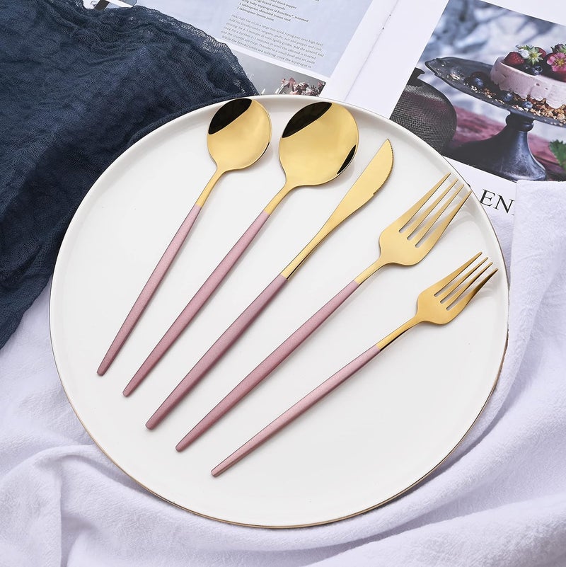 Uniturcky Silverware Set  20 Piece Family Dinnerware Set  Flatware Set Service For 4  Pink Gold Tableware Sets  Cutlery Great For Family Gatherings  Daily Use  Spoons Knives Forks - Image 2