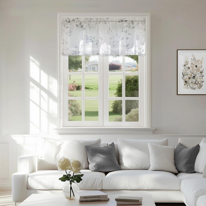 Beauoop Linen Floral Valance Curtains for Kitchen Living Room Grey Flower Semi Sheer for Bedroom Cafe Farmhouse Light Filtering Rod Pocket Voile Small Window Treatment Drapes, 50x18, 1 Panel - Image 5