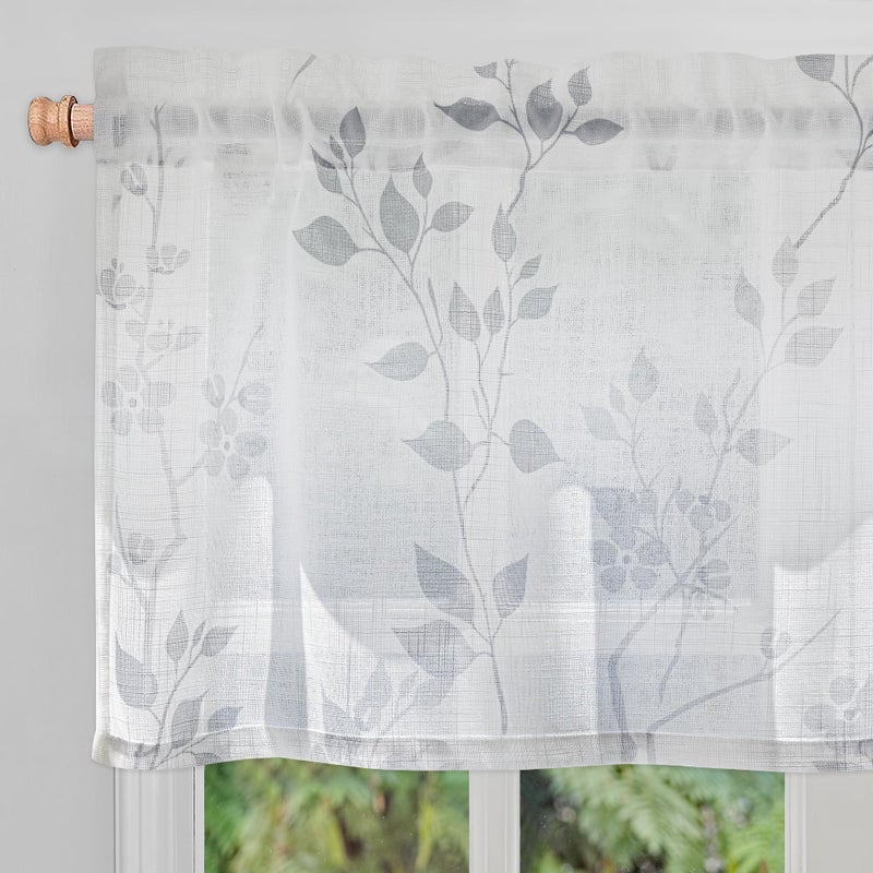 Beauoop Linen Floral Valance Curtains for Kitchen Living Room Grey Flower Semi Sheer for Bedroom Cafe Farmhouse Light Filtering Rod Pocket Voile Small Window Treatment Drapes, 50x18, 1 Panel - Image 1