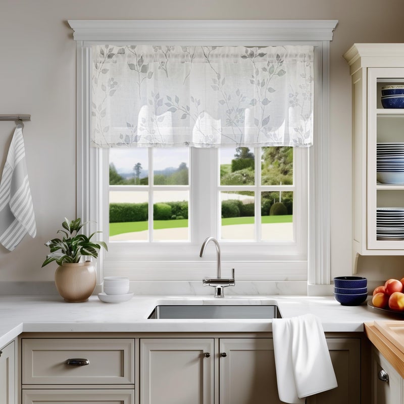 Beauoop Linen Floral Valance Curtains for Kitchen Living Room Grey Flower Semi Sheer for Bedroom Cafe Farmhouse Light Filtering Rod Pocket Voile Small Window Treatment Drapes, 50x18, 1 Panel - Image 2