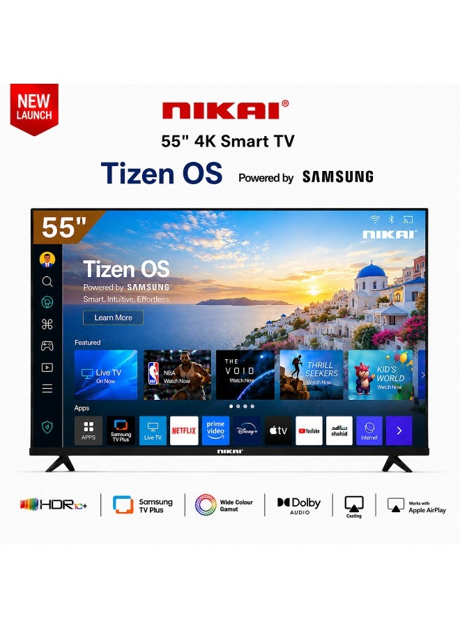 NIKAI 55-inch 4K UHD Smart TV with Tizen OS (Samsung Powered) | Ultra HD LED Television | HDR10 | Built-in WiFi & Voice Control | Bluetooth 2.1 + EDR | 3 HDMI & 2 USB | 3840x2160 Resolution - 55QTZN4KSLED 55QTZN4KSLED Black - Image 1