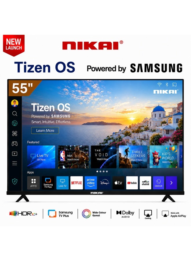 نيكاي تلفاز ذكي NIKAI مقاس 55 بوصة بدقة 4K UHD مع نظام Tizen (مدعوم من سامسونج) | تلفاز LED بدقة Ultra HD | HDR10 | واي فاي مدمج وتحكم صوتي | بلوتوث 2.1 + EDR | 3 HDMI و 2 USB | دقة 3840x2160 - 55QTZN4KSLED - Image 1