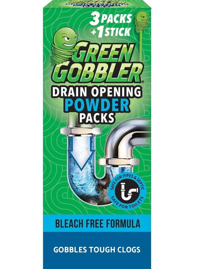 Green Gobbler Drain Opening Powder Packs 3 Pack + 1 Stick | Powerful Clog Remover for Kitchen Sink, Bathroom & Toilet | Bleach-Free Pipe Cleaner Safe for Septic & Plumbing Systems - Image 1