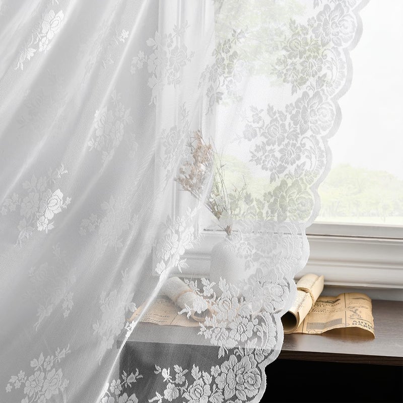 Kotile White Lace Curtains for Bedroom - Vintage Lace Curtains 63 Inch Length Rusitc Floral Knitted Sheer Curtains for Windows  Scalloped Trim Lace Curtain  52 x 63 Inch  2 Panels  White - Image 1