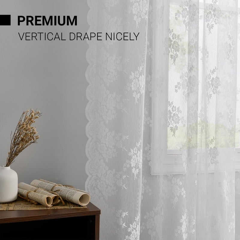 Kotile White Lace Curtains for Bedroom - Vintage Lace Curtains 63 Inch Length Rusitc Floral Knitted Sheer Curtains for Windows  Scalloped Trim Lace Curtain  52 x 63 Inch  2 Panels  White - Image 5