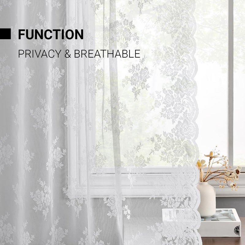 Kotile White Lace Curtains for Bedroom - Vintage Lace Curtains 63 Inch Length Rusitc Floral Knitted Sheer Curtains for Windows  Scalloped Trim Lace Curtain  52 x 63 Inch  2 Panels  White - Image 4
