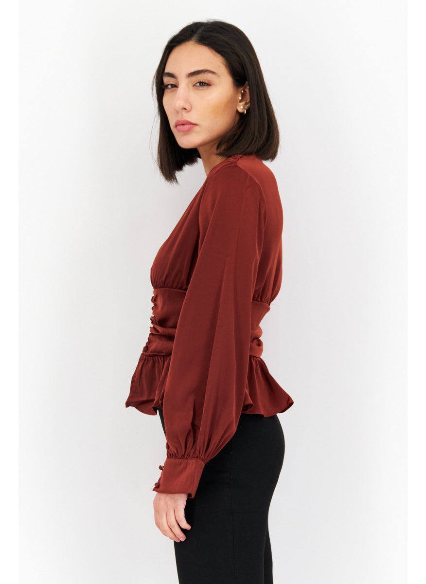 In the style - Women Plunging Neckline Long Sleeve Solid Top, Brown - Image 1