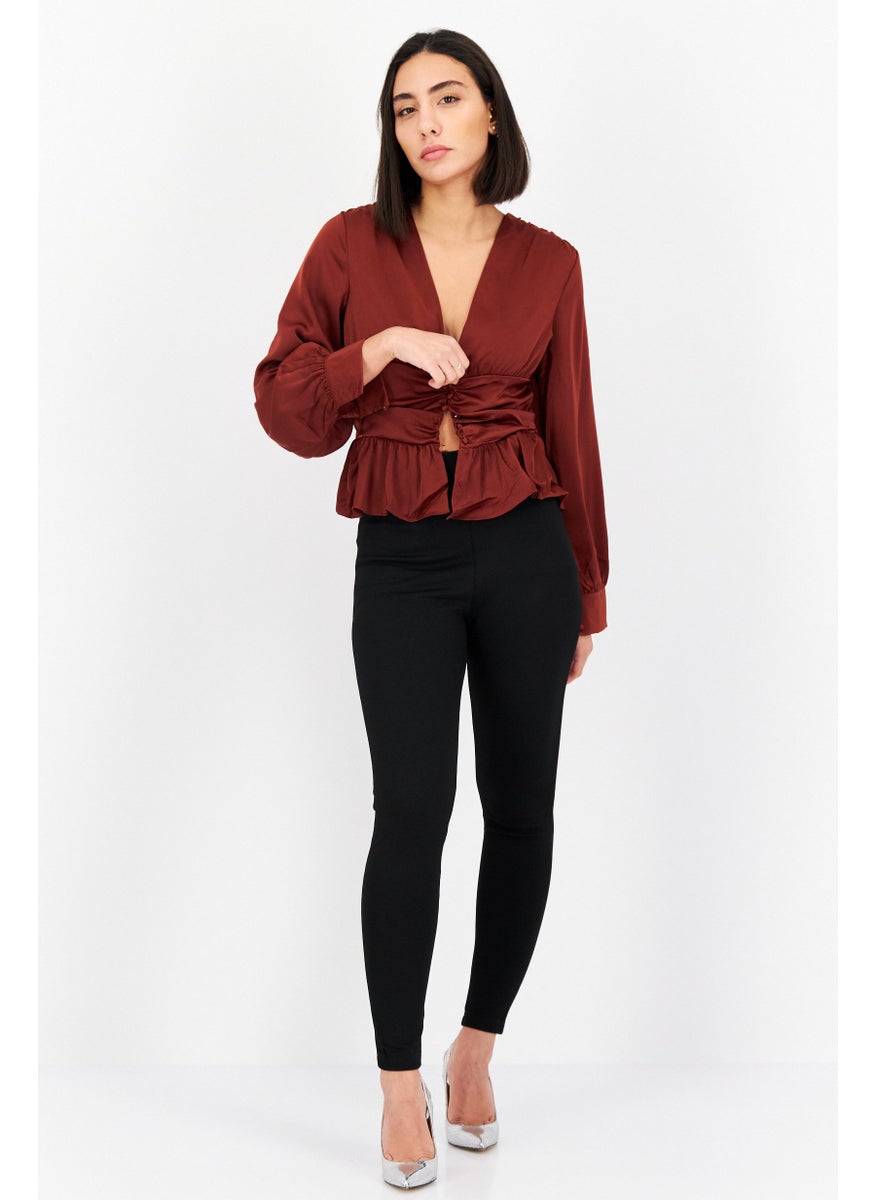 In the style - Women Plunging Neckline Long Sleeve Solid Top, Brown - Image 1
