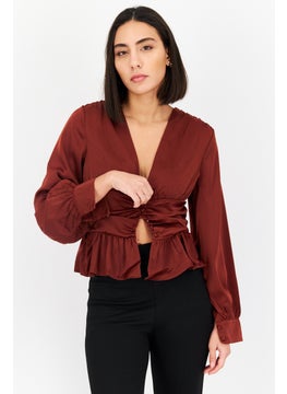 Women Plunging Neckline Long Sleeve Solid Top, Brown