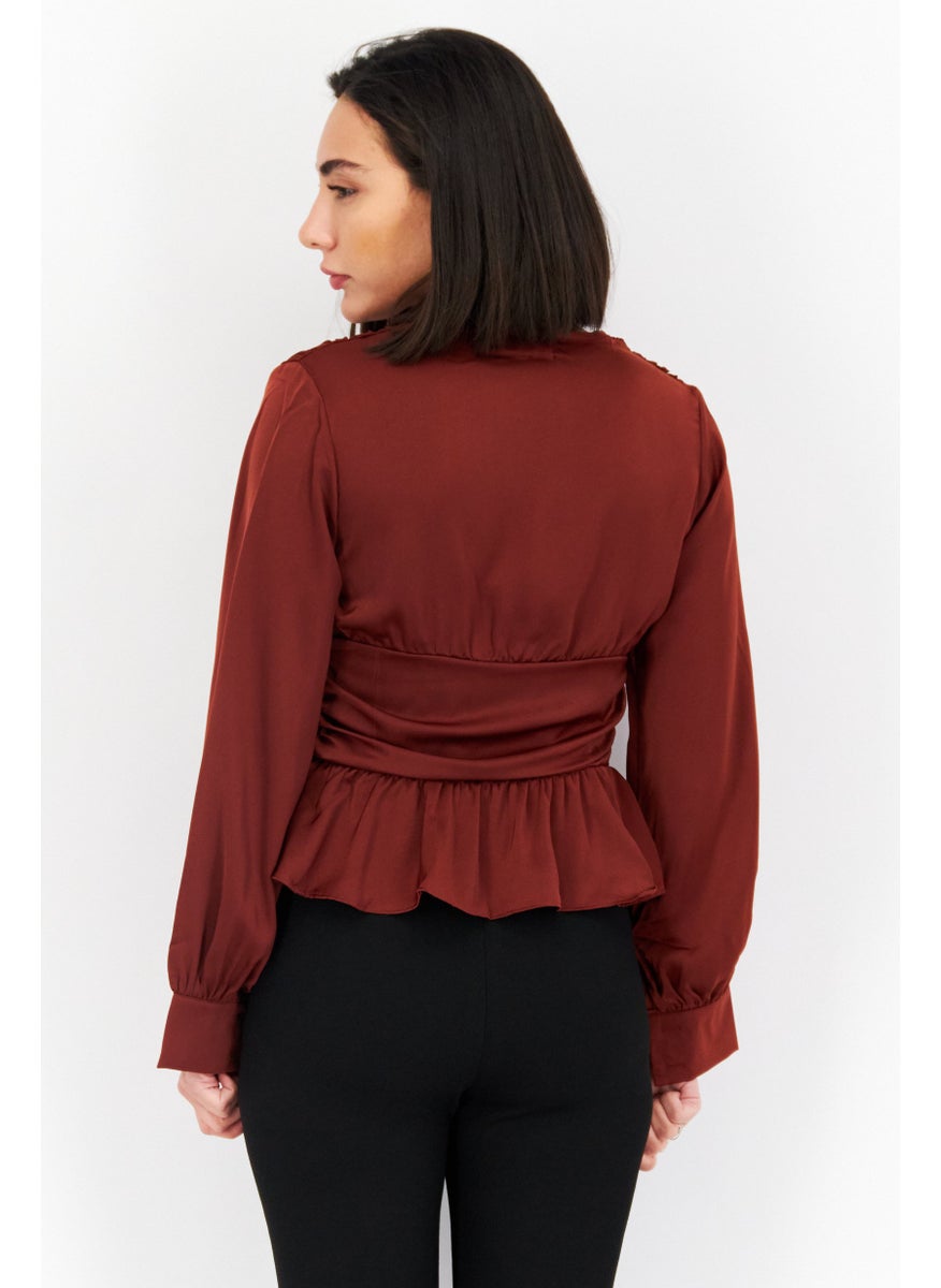 In the style - Women Plunging Neckline Long Sleeve Solid Top, Brown - Image 1