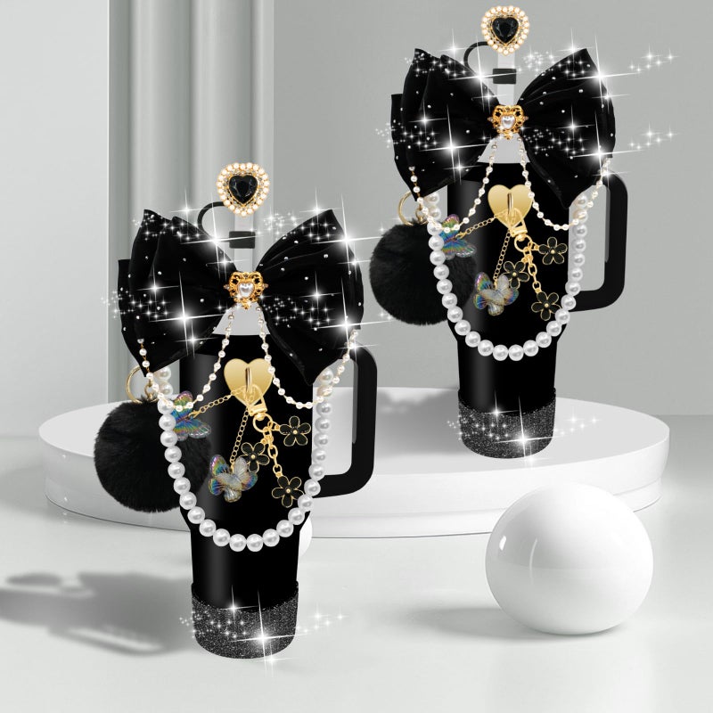 LBU Bling Stanley Cup Accessories for 40/30/20 oz Tumbler with Handle Including Glitter Bow Straw Topper, Heart Straw Cover, Pearl Water Bottle Handle Strap, Boot, Pom-Pom, Keychain Charms(Black) - Image 5