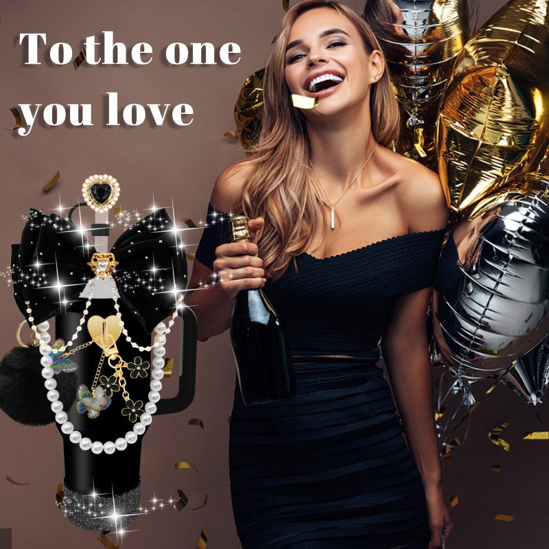 LBU Bling Stanley Cup Accessories for 40/30/20 oz Tumbler with Handle Including Glitter Bow Straw Topper, Heart Straw Cover, Pearl Water Bottle Handle Strap, Boot, Pom-Pom, Keychain Charms(Black) - Image 3