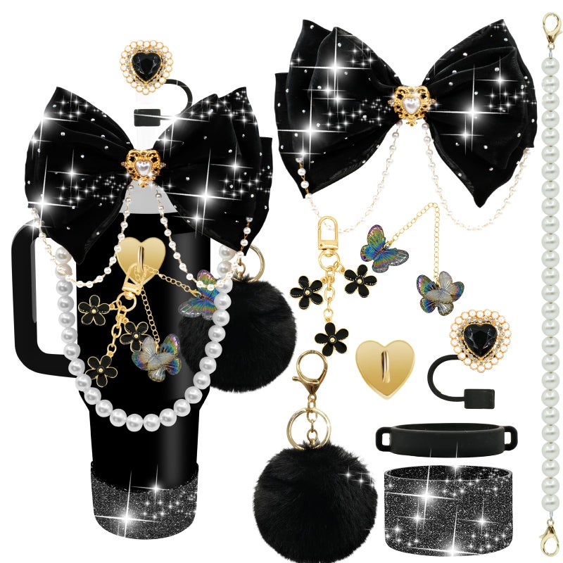 LBU Bling Stanley Cup Accessories for 40/30/20 oz Tumbler with Handle Including Glitter Bow Straw Topper, Heart Straw Cover, Pearl Water Bottle Handle Strap, Boot, Pom-Pom, Keychain Charms(Black) - Image 1
