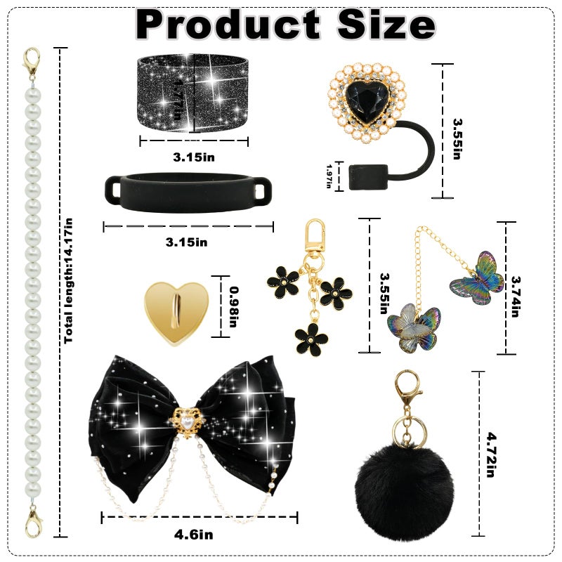 LBU Bling Stanley Cup Accessories for 40/30/20 oz Tumbler with Handle Including Glitter Bow Straw Topper, Heart Straw Cover, Pearl Water Bottle Handle Strap, Boot, Pom-Pom, Keychain Charms(Black) - Image 2