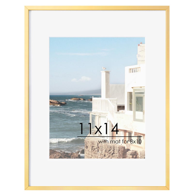 FLYJOE 11x14 Picture Frame - 11 by 14 Metal Picture Frame With Mat For 8x10 | 14x11 Frame Aluminum | Plexiglass And Hanging Hardware Included | 11x14 Poster Frame | Gold - Image 1