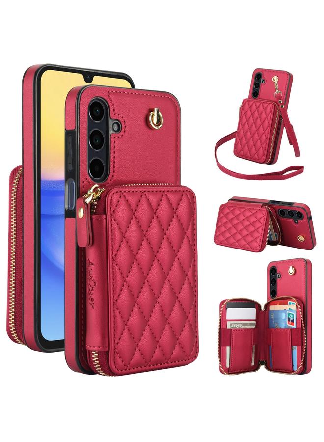 erorex Case For Samsung Galaxy A15 4G / 5G AwQuer Crossbody Zipper Wallet Rhombic Leather Back Phone Case - Image 1