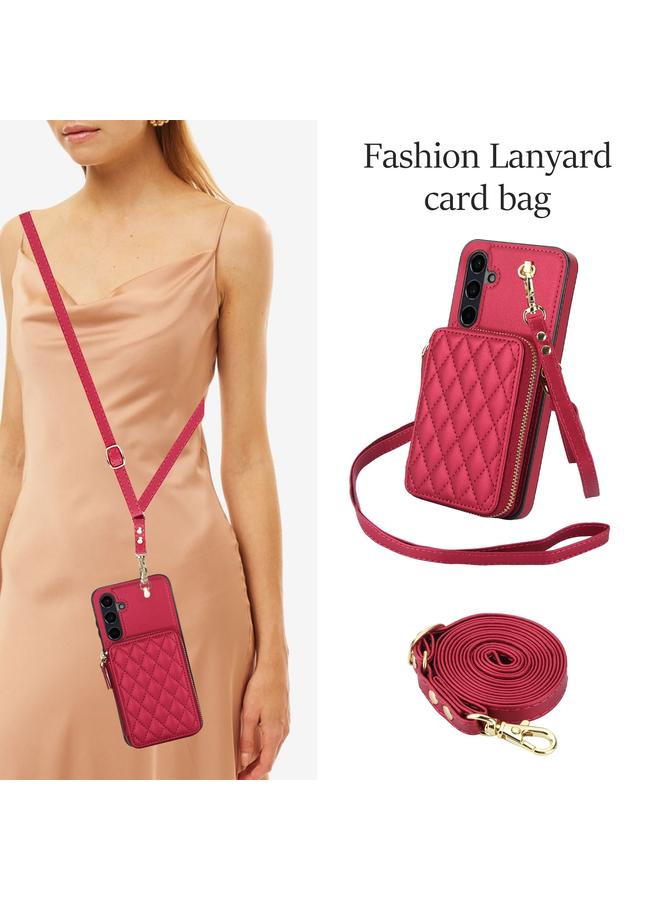 erorex Case For Samsung Galaxy A15 4G / 5G AwQuer Crossbody Zipper Wallet Rhombic Leather Back Phone Case - Image 4