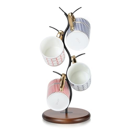 Noeixrah Mug Tree Holder, Bronze Metal Leaf Branch & Solid Wood Base Mug Holders, Countertop Coffee Mug Trees Organizer for Kitchen, 4 Hooks, Sleek Modern Decor for Coffee Station - Image 1