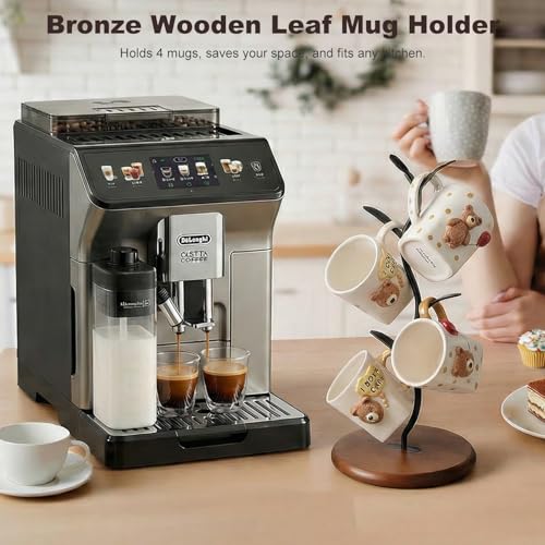 Noeixrah Mug Tree Holder, Bronze Metal Leaf Branch & Solid Wood Base Mug Holders, Countertop Coffee Mug Trees Organizer for Kitchen, 4 Hooks, Sleek Modern Decor for Coffee Station - Image 3