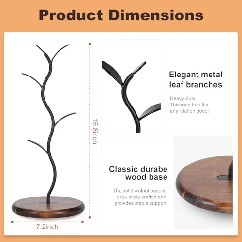 Noeixrah Mug Tree Holder, Bronze Metal Leaf Branch & Solid Wood Base Mug Holders, Countertop Coffee Mug Trees Organizer for Kitchen, 4 Hooks, Sleek Modern Decor for Coffee Station - Image 5