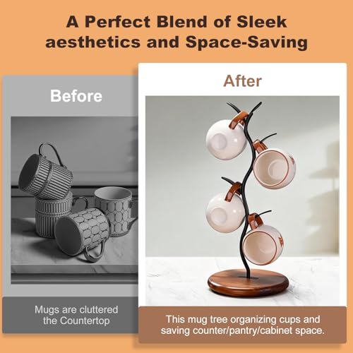 Noeixrah Mug Tree Holder, Bronze Metal Leaf Branch & Solid Wood Base Mug Holders, Countertop Coffee Mug Trees Organizer for Kitchen, 4 Hooks, Sleek Modern Decor for Coffee Station - Image 2